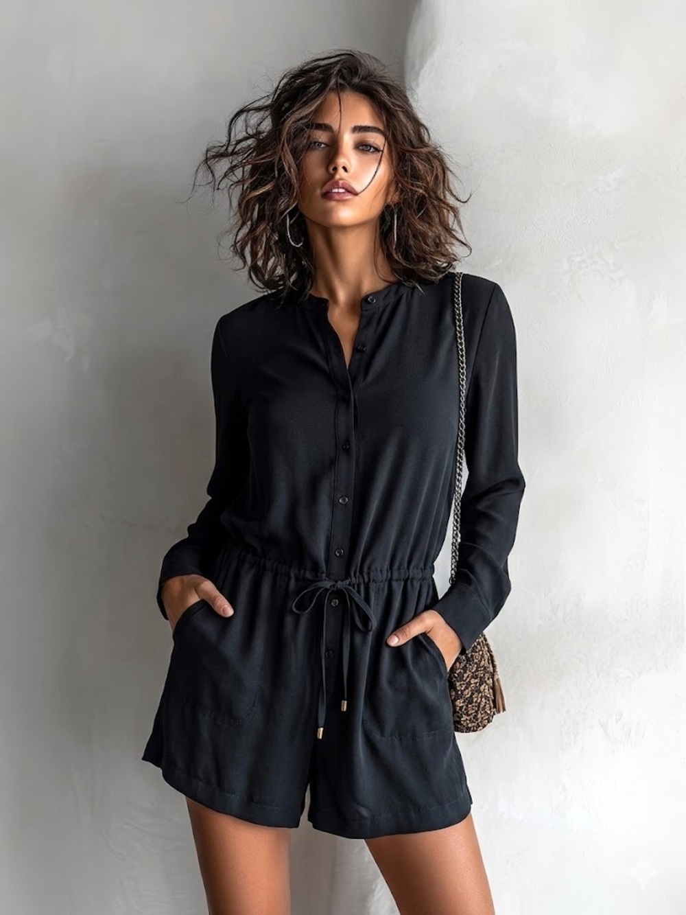 Lauren Ralph Lauren Black Long-Sleeve Shorts Button Romper with Drawstring Waist